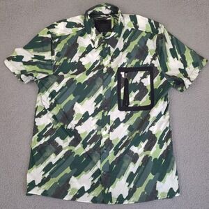 Madison‎ Supply Shirt Mens XL Green White Abstract Camo Button Up Short Sleeve